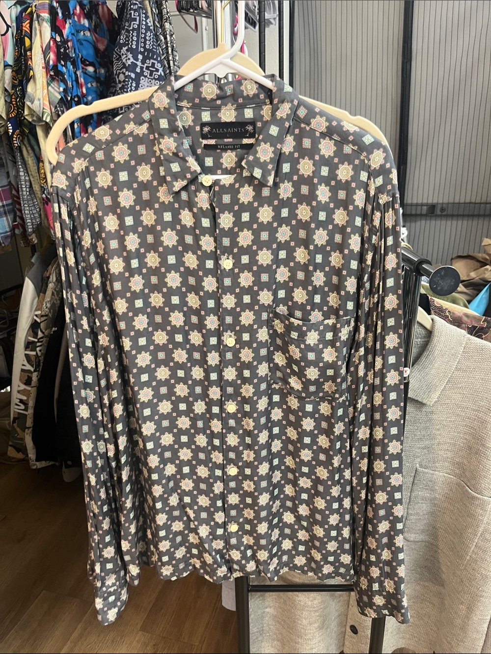 AllSaints Grey Patterned Button-Up Shirt with Pink & Teal Motifs